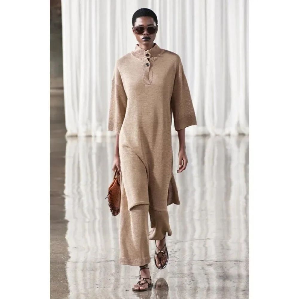 Zara Womens Sweater Midi Polo Dress Size S Brown Knit 3/4 Sleeve 2893/042 NWT
